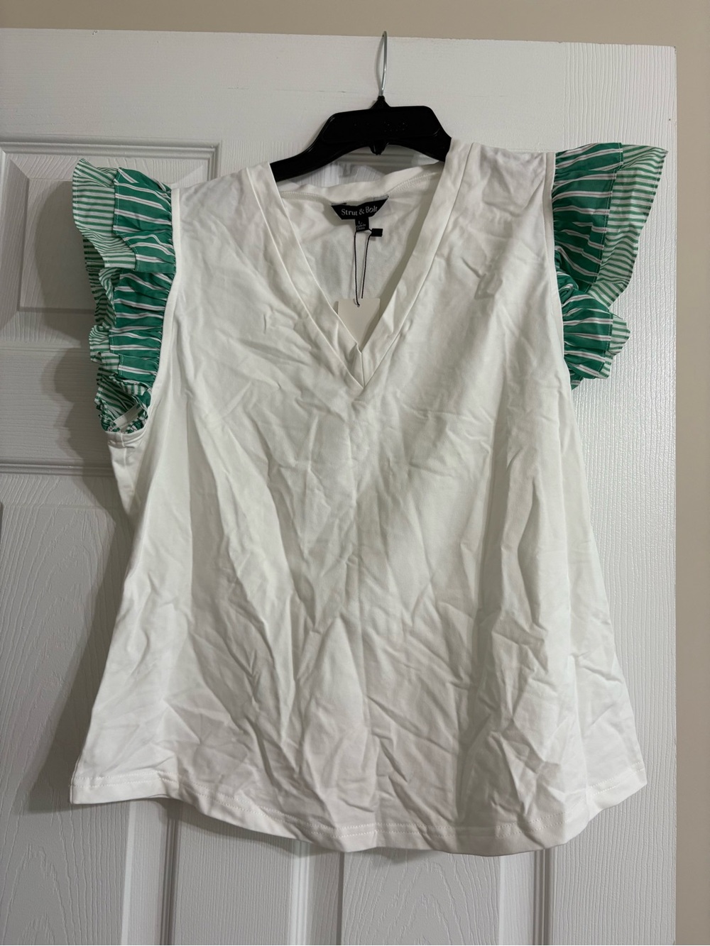 Strut & Bolt White Top Green Striped Ruffle Sleeves NWT L